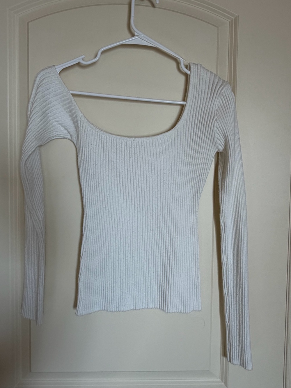 Asymmetrical Off-Shoulder White Ribbed Long Sleeve Top